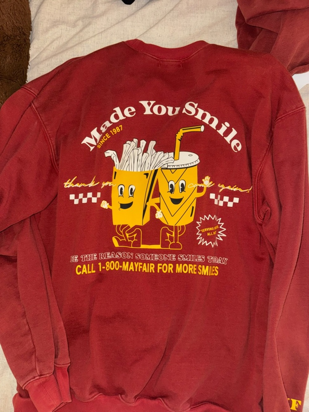 Mayfair Group Made You Smile Graphic Sweatshirt - Red with Yellow Print
